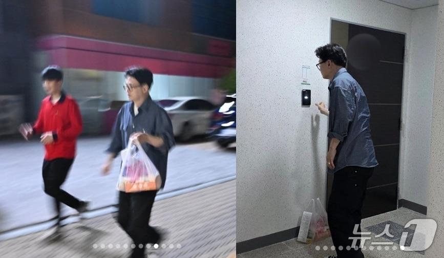 본문 이미지 -  한동훈 전 국민의힘 대표가 지난 23일 밤 경남 진주의 한 치킨 체인에서 배달 아르바이트에 나선 모습을 자신의 SNS에 소개했다. 주문한 치킨을 아파트까지 배달한  한 전 대표는 초인종을 누른 뒤 곧장 빠져 나와 주문자가 자신과 마주칠 일이 전혀 없었다고 했다. (SNS 갈무리) ⓒ 뉴스1