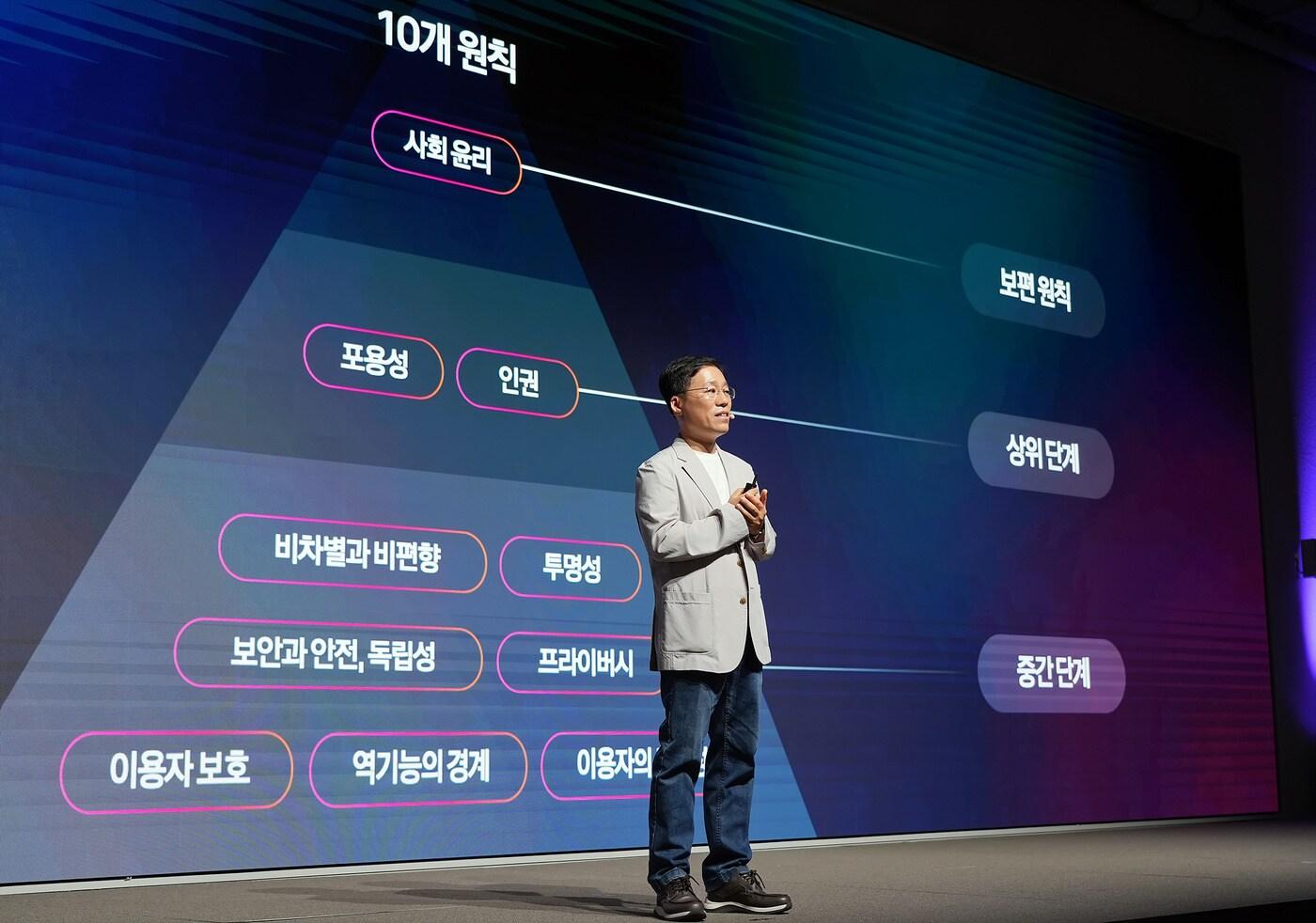 이상호 카카오 AI Quality&Safety 성과리더가 24일 경기 용인시 카카오AI캠퍼스에서 열린 개발자 콘퍼런스 &#39;이프 카카오&#39;&#40;if&#40;kakao&#41;25&#41;에서 기조연설을 하고 있다. &#40;카카오 제공&#41;