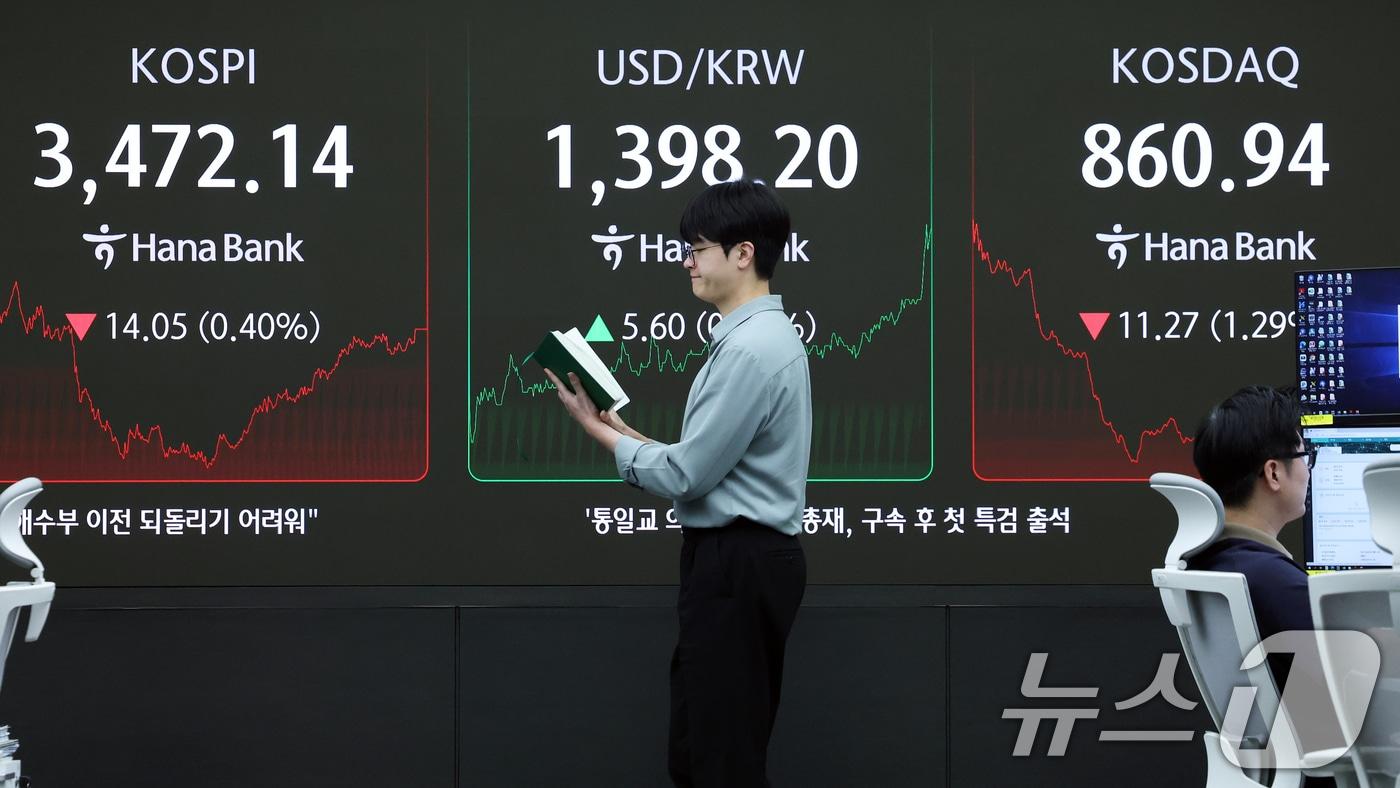 서울 중구 하나은행 본점 딜링룸 전광판. /뉴스1 ⓒ News1