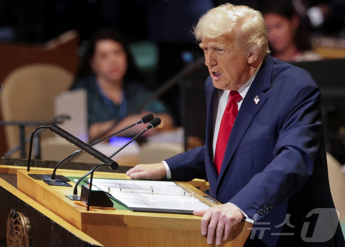 본문 이미지 - 트럼프 대통령의 제80차 유엔총회 연설. 2025.09.23 ⓒ 로이터=뉴스1 ⓒ News1 이지예 객원기자
