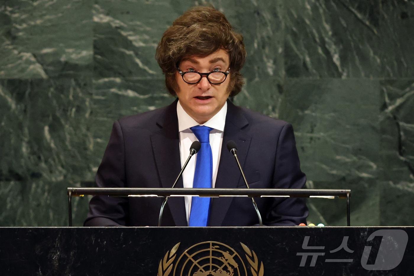 하비에르 밀레이 아르헨티나 대통령이 24일(현지시간) 미국 뉴욕에서 열린 유엔 총회에서 연설하고 있다. 2025.9.24 ⓒ AFP=뉴스1