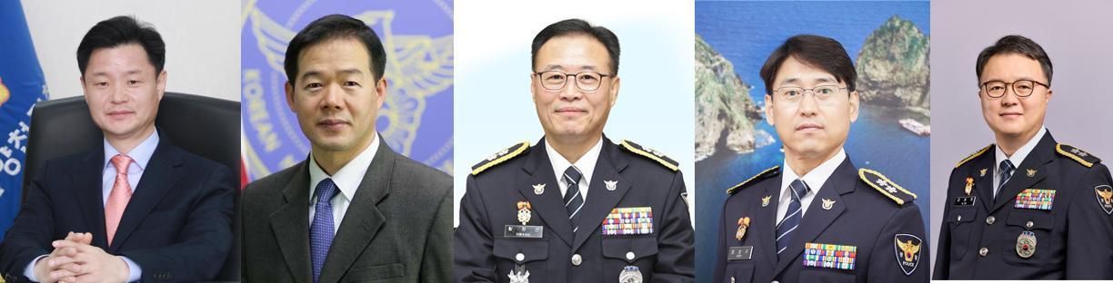 본문 이미지 -  경찰청 치안정감 승진자&#40;내정 포함&#41; 5명. 왼쪽부터 박정보 서울경찰청장, 한창훈 인청경찰청장, 황창선 경기남부경찰청장,  엄성규 부산경찰청장 직무대리,  김성희 경찰대학장 직무대리