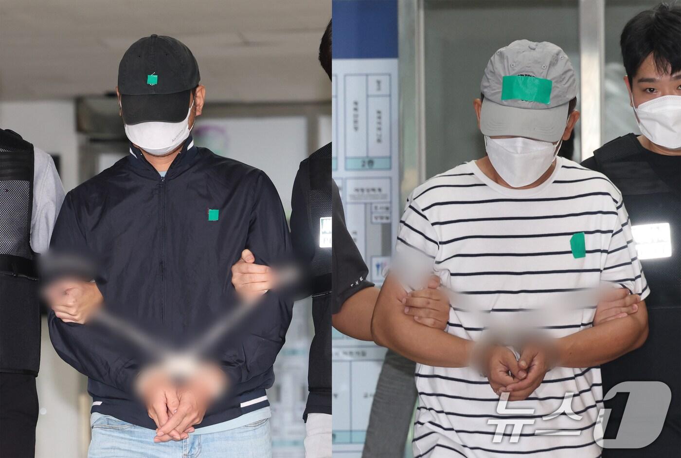 &#39;KT무단결제 사건&#39; 피의자인 A 씨&#40;왼쪽부터&#41;와 B 씨가 25일 경기 수원시 영통구 수원영통경찰서에서 나와 검찰로 구속 송치되고 있다.2025.9.25/뉴스1 ⓒ News1 김영운 기자