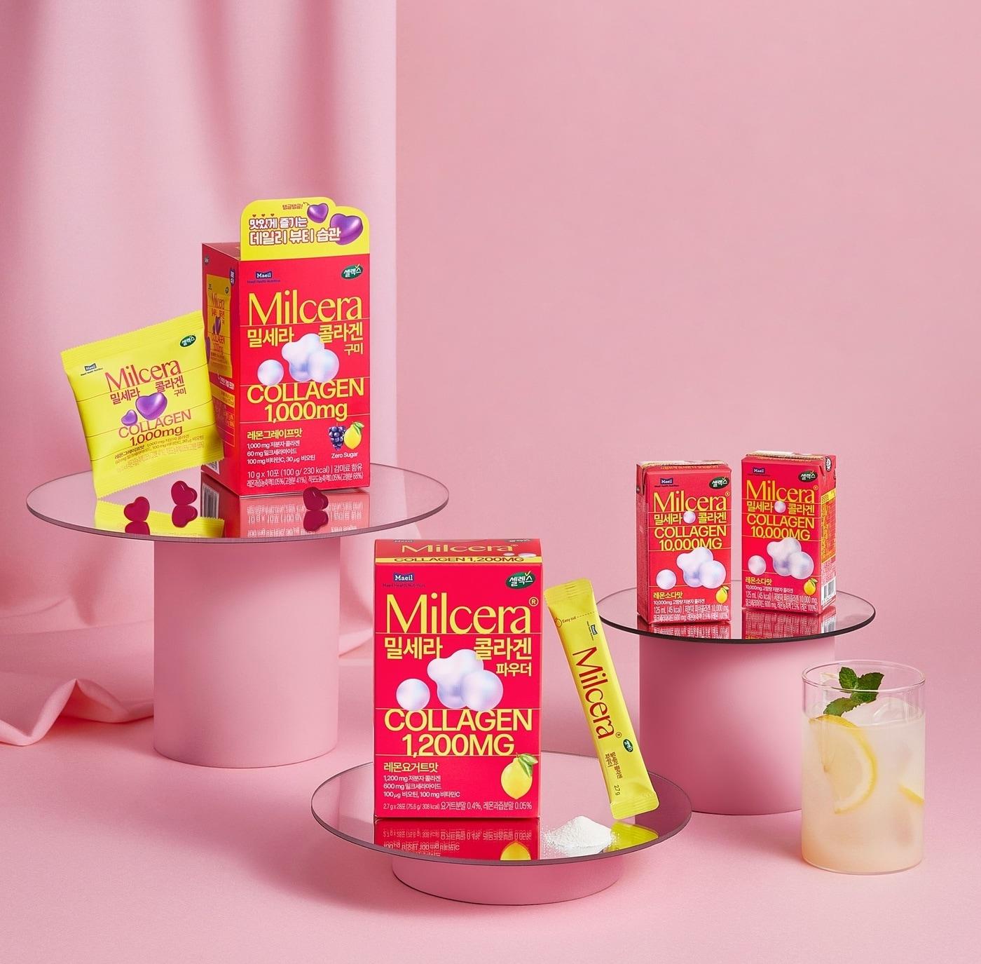 본문 이미지 - 셀렉스 밀세라 콜라겐 드링크, 파우더 스틱, 구미 연출사진.(매일헬스뉴트리션 제공)