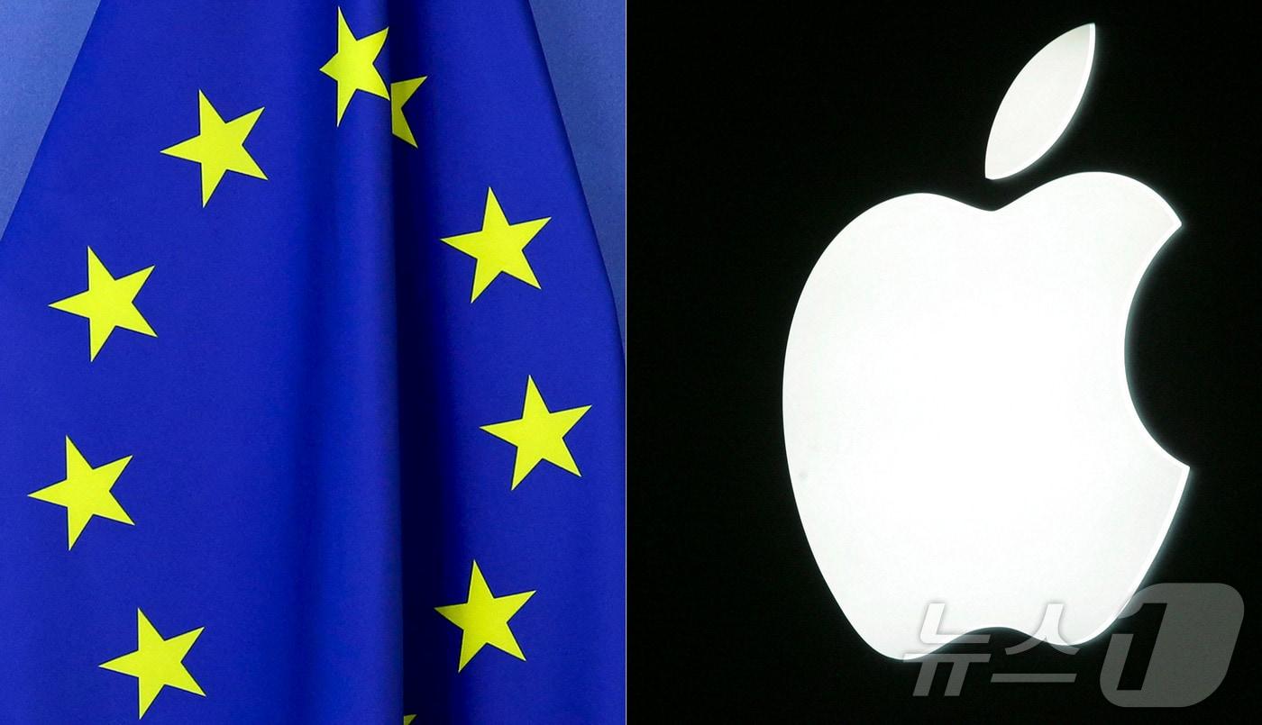 유럽연합&#40;EU&#41; 깃발과 애플 로고. ⓒ AFP=뉴스1
