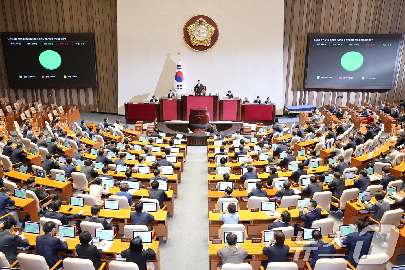 25일 서울 여의도 국회에서 열린 제 429회 국회&#40;정기회&#41; 제9차 본회의에서 경주 APEC 정상회의 성공개최 및 한반도 평화·번영을 위한 국회 결의안&#40;위원회안&#41;이 가결되고 있다. 2025.9.25/뉴스1 ⓒ News1 신웅수 기자