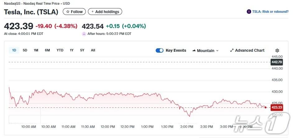 본문 이미지 - 테슬라 일일 주가추이 - 야후 파이낸스 갈무리