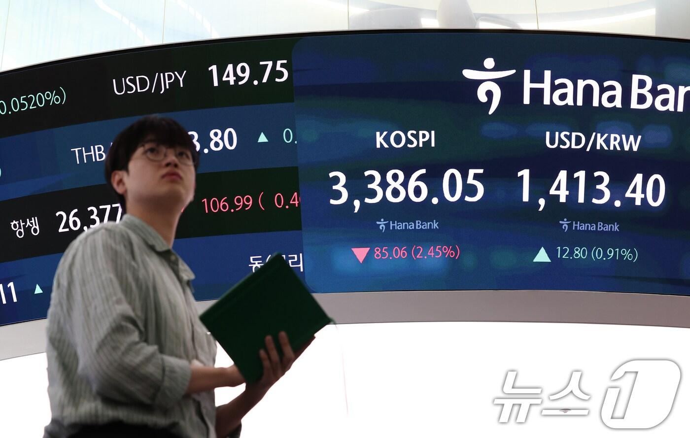 미국 경제지표 호조로 달러가 강세를 나타내면서 원·달러 환율이 넉 달 만에 장중 1410원대를 돌파한 26일 오후 서울 중구 하나은행 본점 딜링룸 전광판에 종가가 나오고 있다. 이날 원·달러 환율은 1410원을 돌파해 오름세를 보이고 있다. 2025.9.26/뉴스1 ⓒ News1 김민지 기자