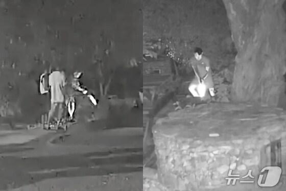 본문 이미지 - 경남 거제시 일운면 한 식당 마당에서 20대 일행 3명이 묶여있던 반려견에게 비비탄을 난사하고 있다.(비글구조네트워크 인스타그램 갈무리. 재판매 및 DB금지)