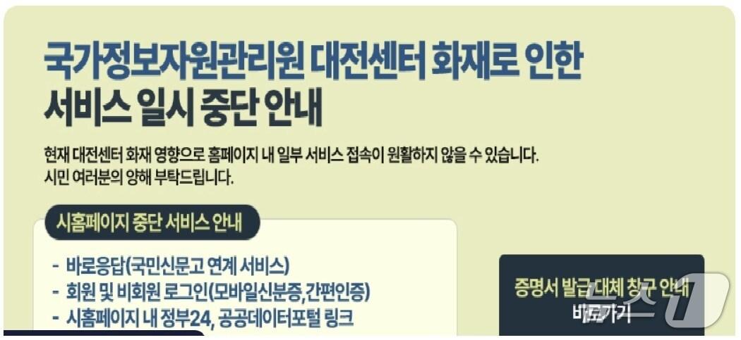 본문 이미지 - 27일 광주시 홈페이지에 게재된 국정자원 화재 관련 광주시 홈페이지 중단 서비스 안내 사항.&#40;광주시 홈페이지 갈무리&#41; 2025.9.27