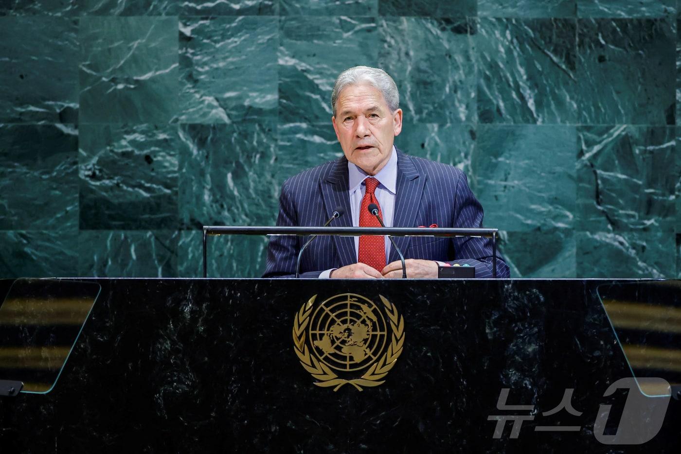 26일(현지시간) 윈스턴 피터스 뉴질랜드 외교장관이 미국 뉴욕 유엔 본부에서 열린 제80차 유엔총회에서 연설하고 있다. 2025. 09. 26 ⓒ 로이터=뉴스1 ⓒ News1 양은하 기자