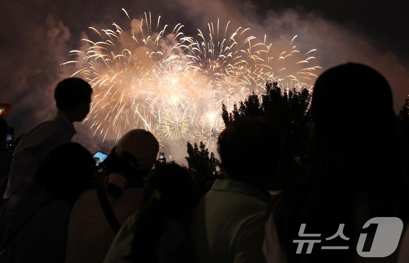 본문 이미지 - 27일 서울 여의도 한강공원 일대에서 열린 '2025 서울세계불꽃축제'에서 시민들이 화려한 불꽃쇼를 보고 있다. 2025.9.27 ⓒ 뉴스1 김민지 기자