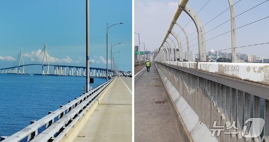 본문 이미지 - 인천대교&#40;좌&#41;와 서울 마포대교&#40;우&#41;. 마포대교 난간 위에 와이어가 설치돼 있는 모습이다. &#40;인천·서울시 제공.재판매 및 DB금지&#41;