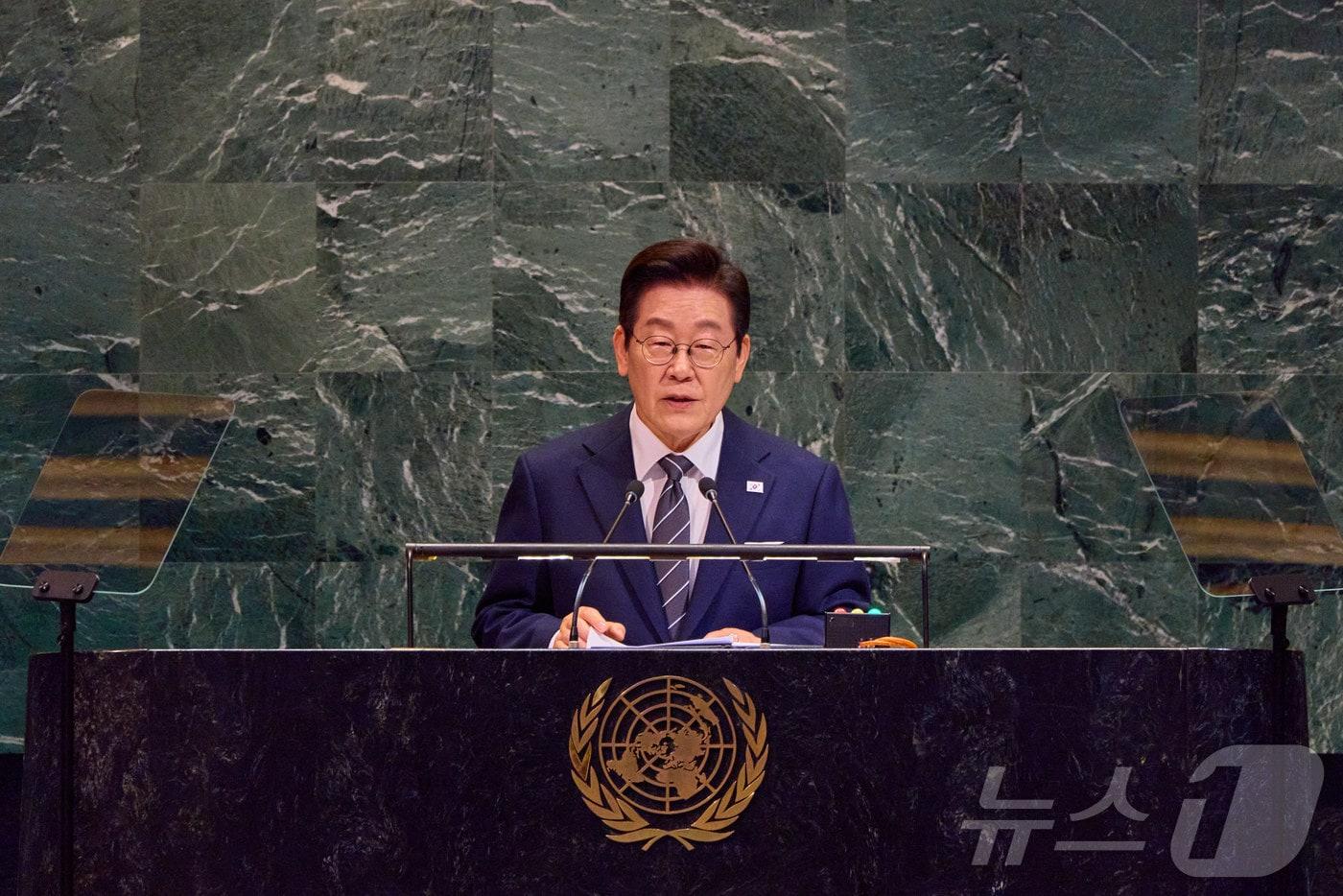 이재명 대통령이 23일&#40;현지시간&#41; 미국 뉴욕 유엔 본부에서 열린 제80차 유엔 총회에서 기조연설을 하고 있다. &#40;대통령실 제공. 재판매 및 DB 금지&#41; 2025.9.28/뉴스1 ⓒ News1 이재명 기자