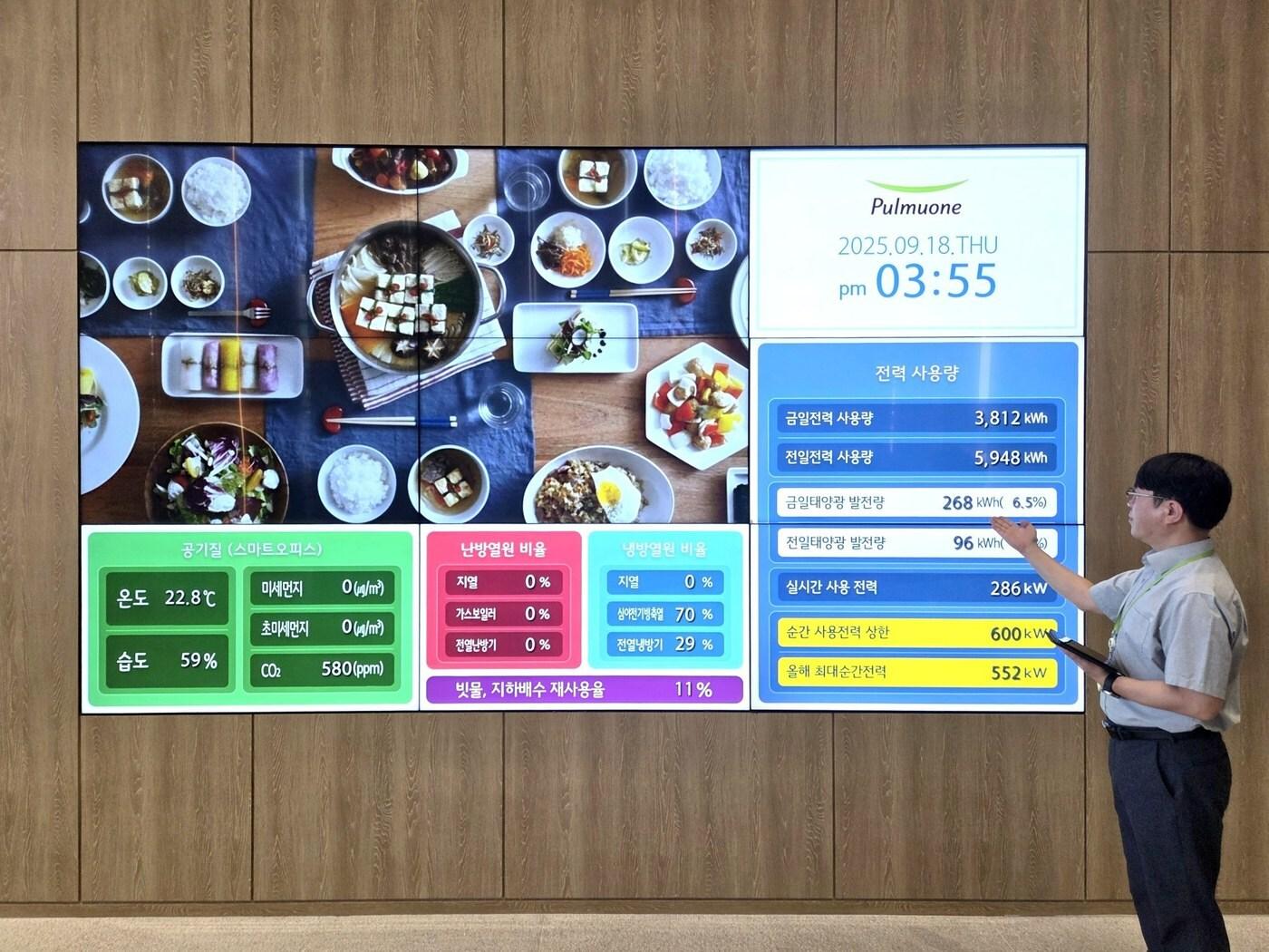 본문 이미지 - LG전자 BEMS_풀무원기술원: 풀무원기술원 담당자가 기술원 로비에 설치된 에너지 사용 현황판을 소개하고 있다.(LG전자 제공)