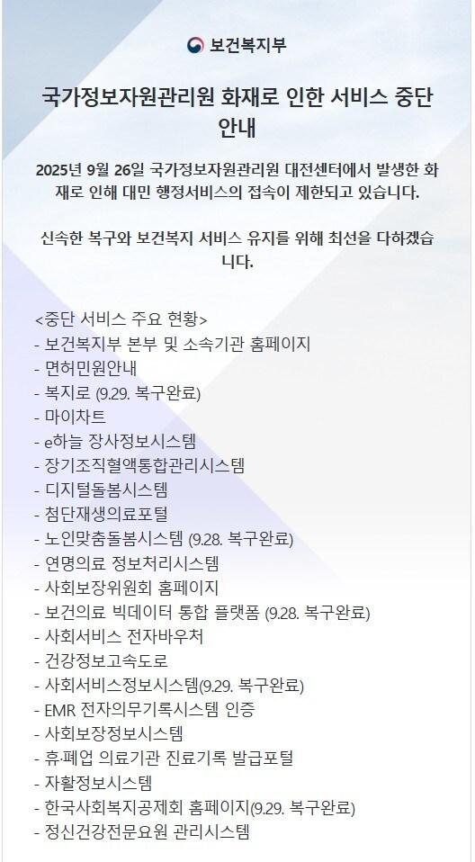 본문 이미지 - &#39;국가정보자원관리원 화재로 인한 서비스 중단 안내&#39; &#40;보건복지부 홈페이지 갈무리&#41;