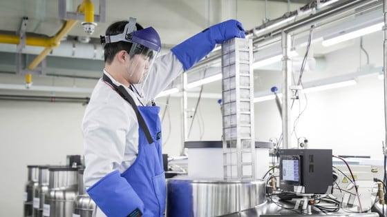 본문 이미지 - 국립중앙인체자원은행 임직원이 액체질소 저장고에 인체자원을 넣고 있다./뉴스1