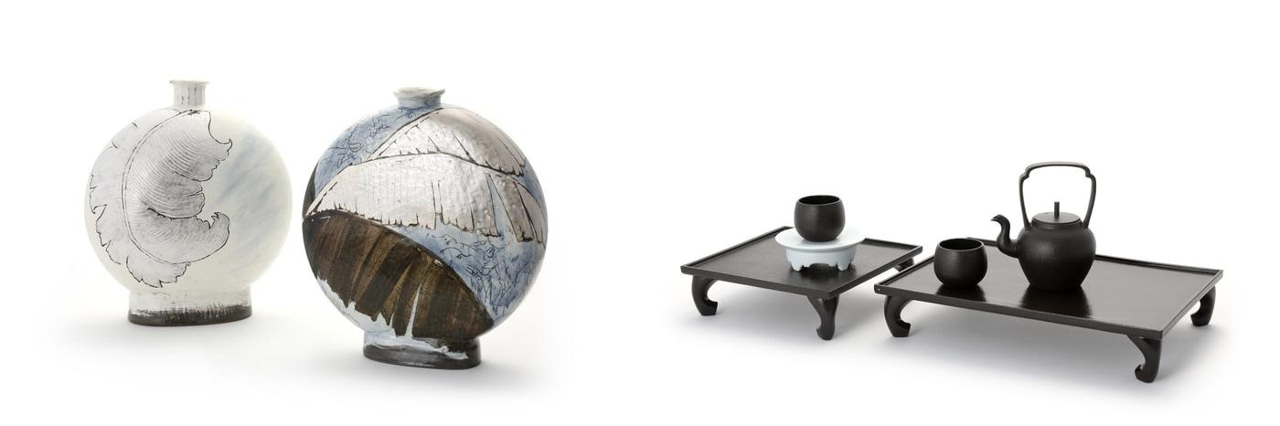 프랑스 파리 &#39;2025 메종&오브제&#39; 참여 작품, &#40;왼쪽&#41; 허상욱, 분청은채화초문은병 &#40;오른쪽&#41; 김별희, 개다리 소반 차 세트 / 사진=한국도자재단 제공
