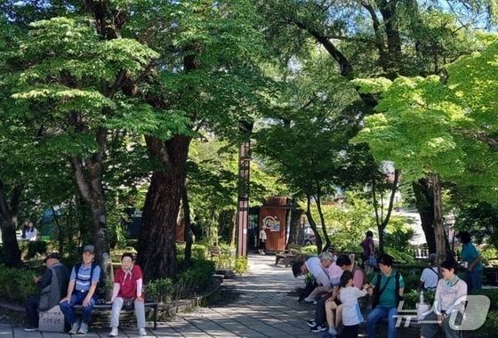 본문 이미지 - 강원 태백시 황지연못 주변에서 시민들이 벤치에 앉아 휴식을 취하고 있다. &#40;자료사진&#41;/뉴스1 DB