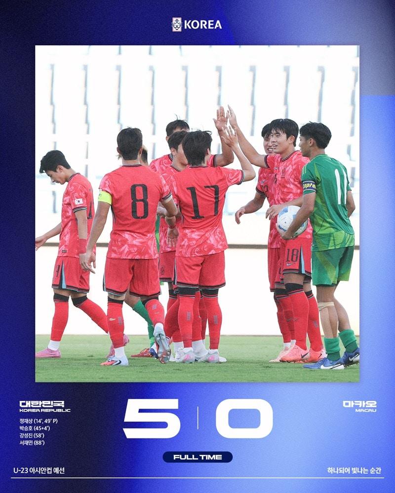 본문 이미지 - 한국은 3일 열린 2026 AFC U23 아시안컵 예선 J조 1차전에서 마카오를 5-0으로 완파했다. &#40;대한축구협회 제공&#41;