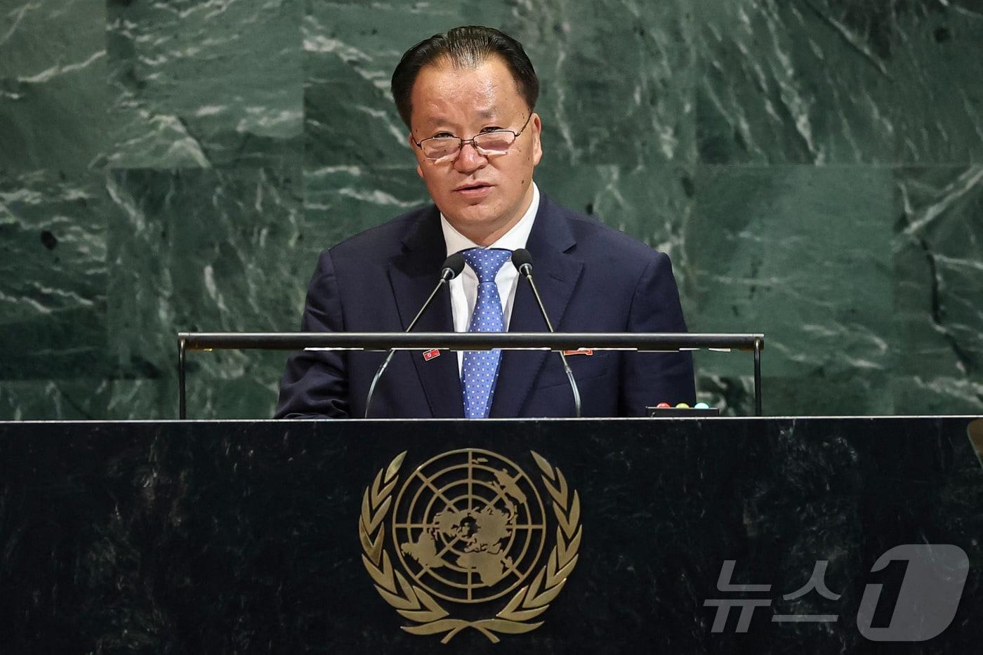 김선경 북한 외무성 부상이 29일&#40;현지시간&#41; 미국 뉴욕 유엔본부에서 열린 유엔총회에서 기조연설을 하고 있다. ⓒ AFP=뉴스1 ⓒ News1 구윤성 기자