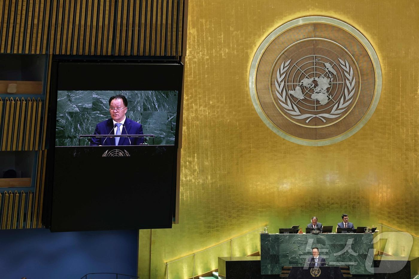 김선경 북한 외무성 부상이 29일&#40;현지시간&#41; 미국 뉴욕 유엔본부에서 열린 유엔총회에서 기조연설을 하고 있다. ⓒ AFP=뉴스1 ⓒ News1 구윤성 기자