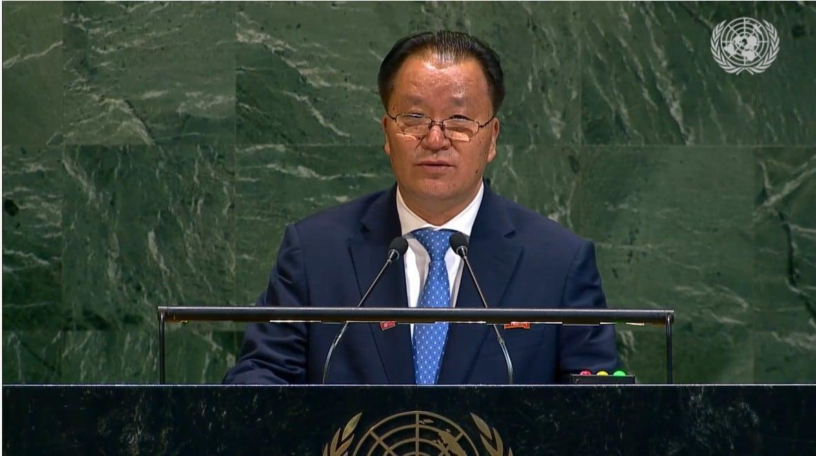 본문 이미지 - 김선경 북한 외무성 부상이 제80차 유엔총회에서 발언하는 모습. (UN Web TV 갈무리)