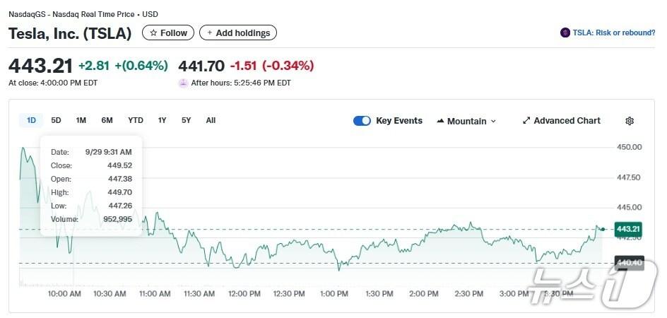 본문 이미지 - 테슬라 일일 주가추이 - 야후 파이낸스 갈무리