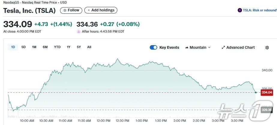 본문 이미지 - 테슬라 일일 주가추이 - 야후 파이낸스 갈무리