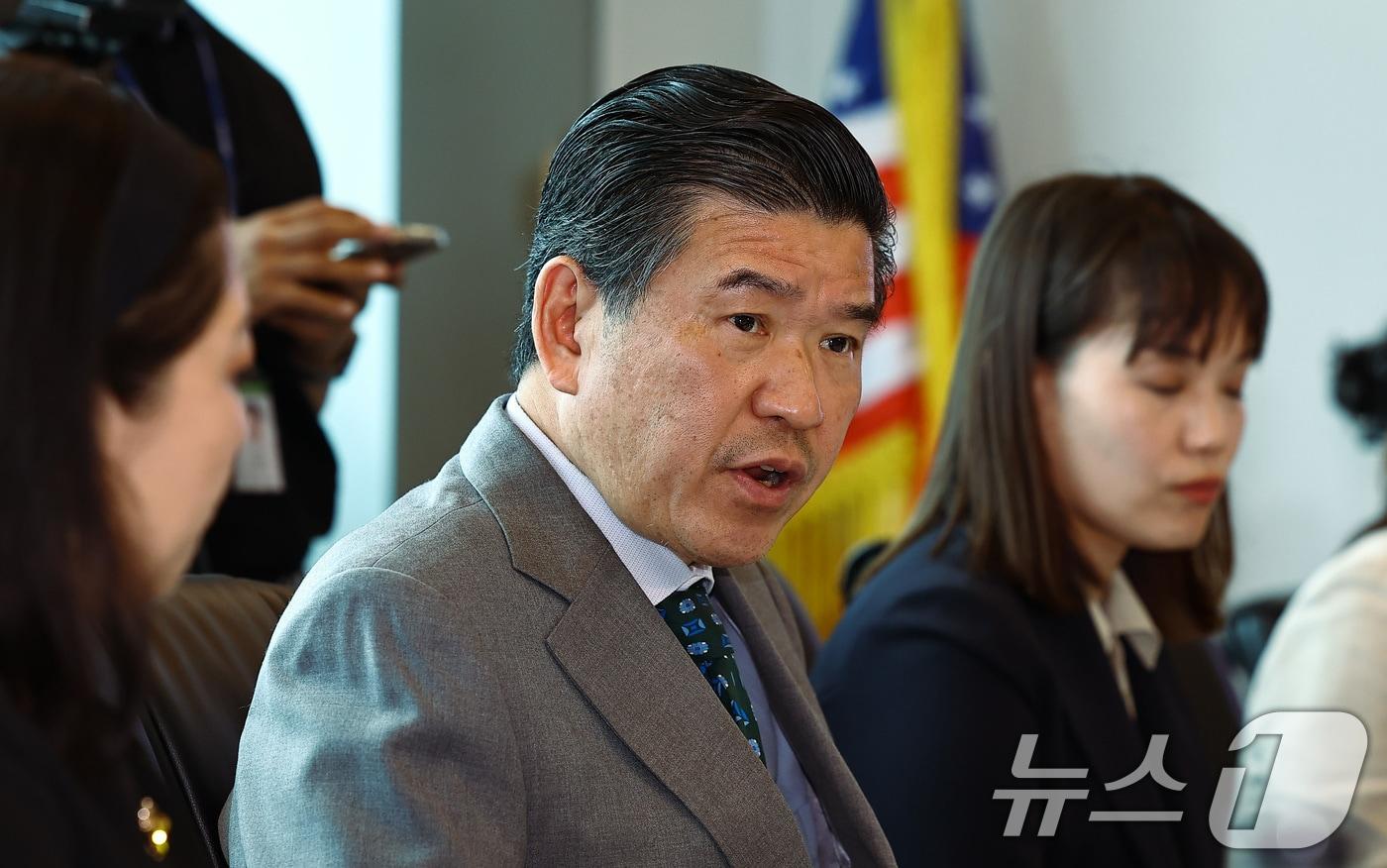 제임스 김 암참 회장 겸 대표이사가 4일 서울 여의도 IFC 주한미국상공회의소에서 열린 국민의힘 - 주한미국상공회의소(AMCHAM)간담회에서 모두발언 하고 있다. 2025.9.4/뉴스1 ⓒ News1 국회사진기자단