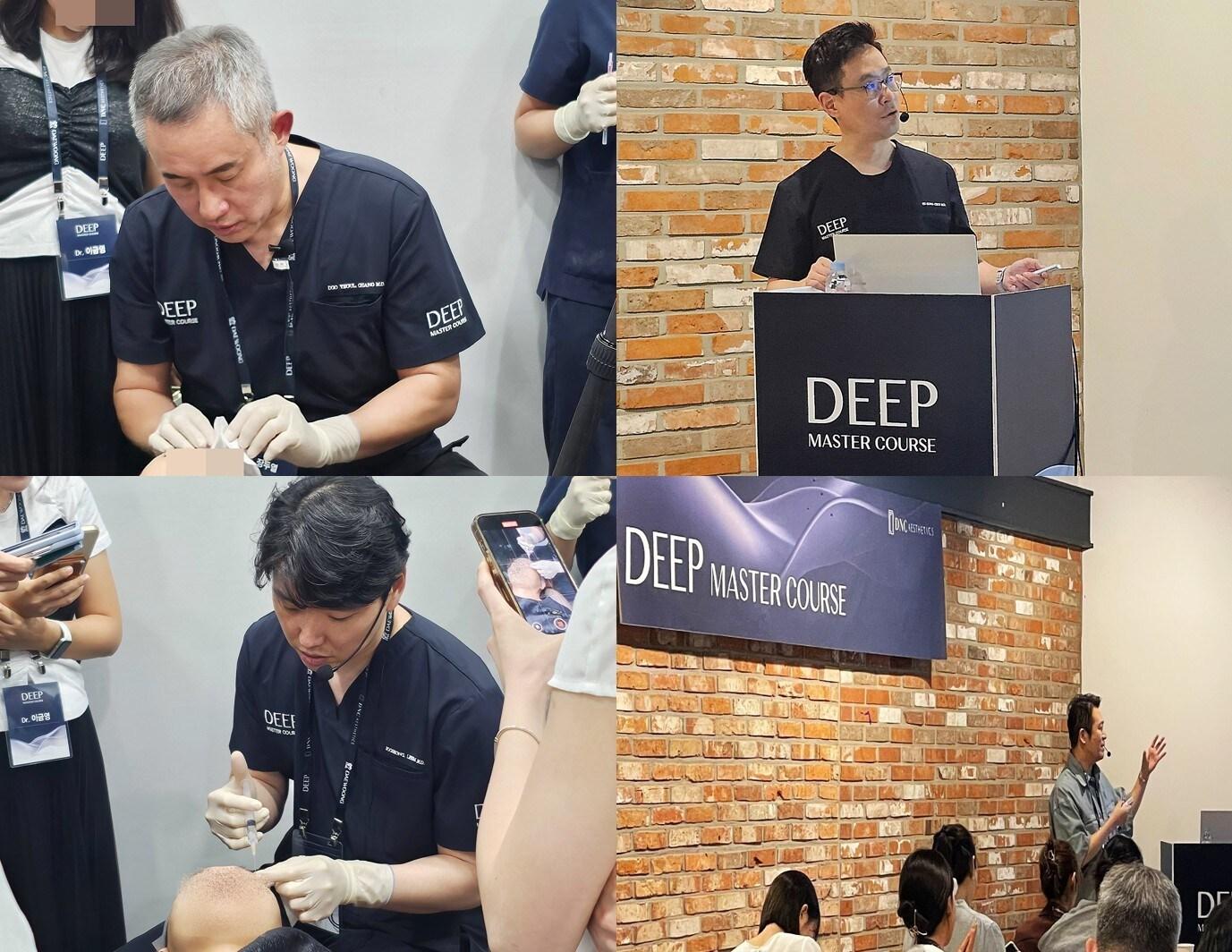 본문 이미지 - 장두열&#40;왼쪽 위부터 시계방향으로&#41;·최호성·임영빈·임수성 원장이 딥 마스터 코스에서 강연과 시연을 하고 있다.&#40;DNC 에스테틱스 제공&#41;/뉴스1