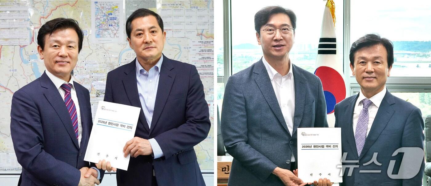 조규일 진주시장이 4~5일 국회를 방문해 지역 주요 현안 사업의 지원을 요청했다. 사진은 왼쪽부터 조규일, 박대출·강민국 의원&#40;진주시 제공&#41;.