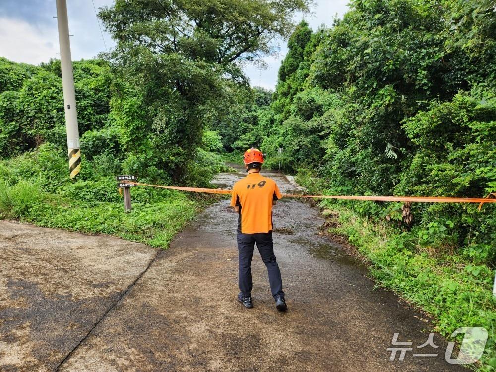 본문 이미지 - 5일 오후 제주 서귀포시 표선면 가시리 중산간 도로가 침수돼 카니발 차량이 고립됐다가 구조됐다.(제주도소방안전본부 제공. 재판매 및 DB 금지)