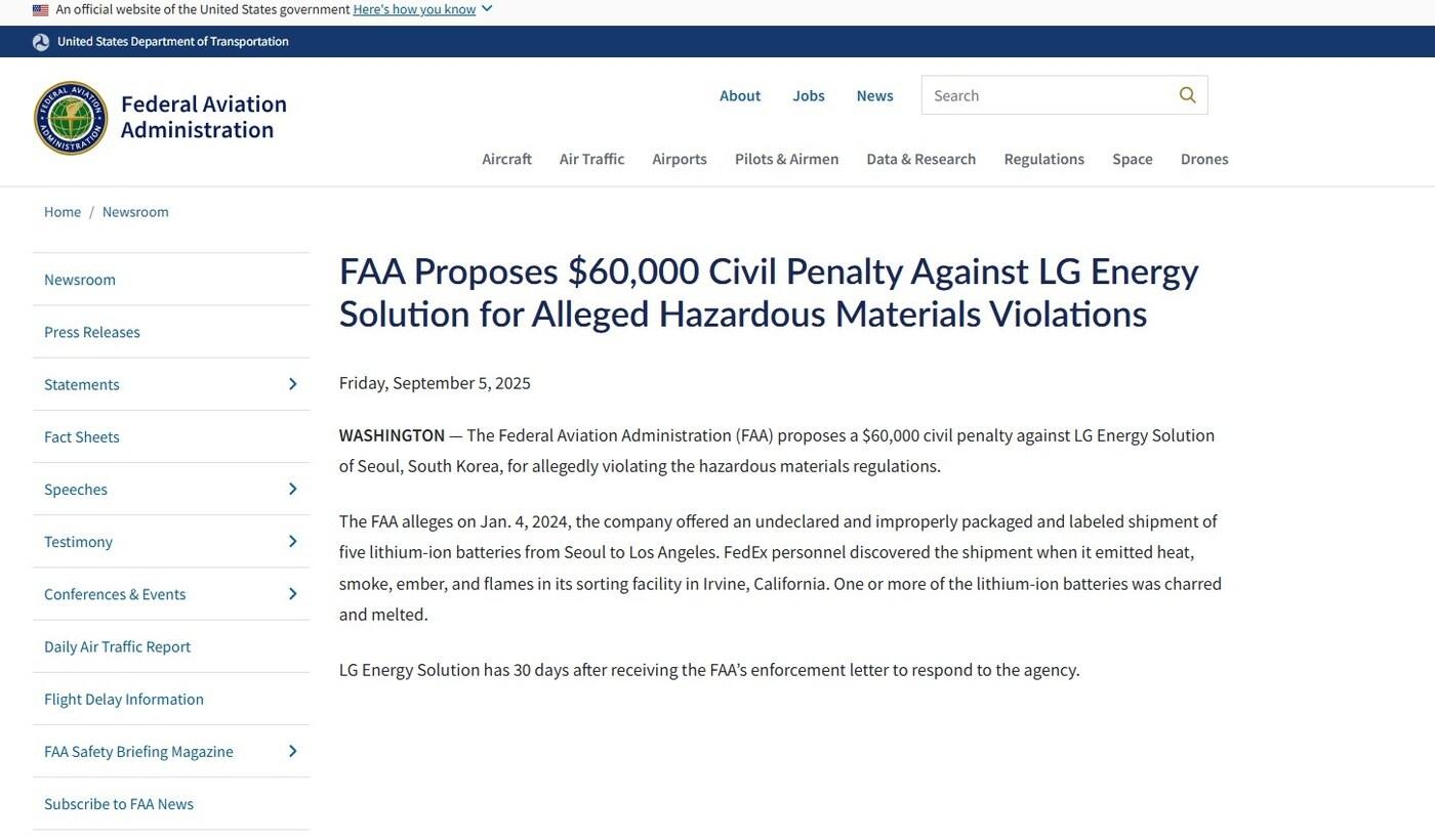 LG에너지솔루션에 과태료를 부과한다는 보도자료 형식의 게시글(미 연방항공청(FAA) 웹사이트 갈무리)