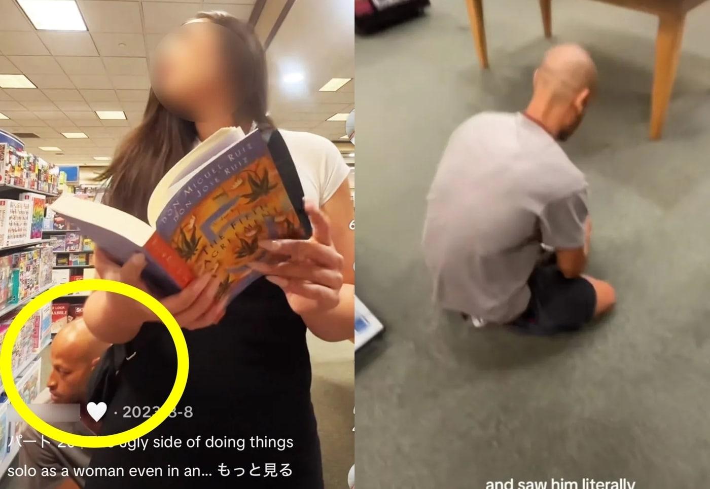 일면식 없는 여성을 뒤쫓은 뒤 엉덩이 냄새를 맡은 칼리스 캐런 크라우드가 신발끈 묶는 척하는 모습. (틱톡 갈무리)