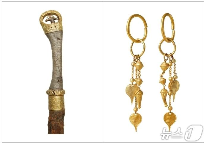 본문 이미지 - 합천 옥전고분군에서 출토된 고리자루 큰 칼과 금귀걸이(경상국립대 제공. 재판매 및 DB금지)