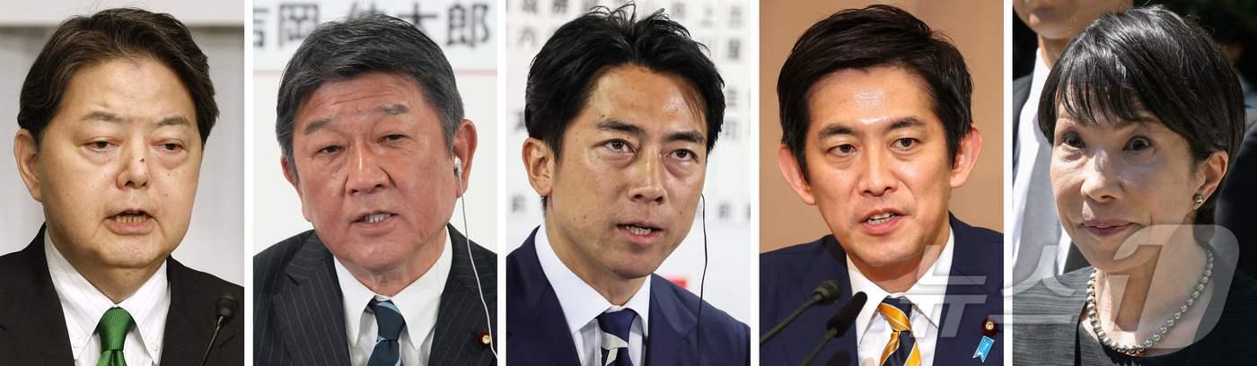 왼쪽부터 하야시 요시마사 일본 관방장관, 모테기 도시미쓰 전 외무상, 고이즈미 신지로 농림수산상, 고바야시 다카유키 전 경제안보담당상, 다카이치 사나에 전 경제안보담당상이 각각 도쿄에서 열린 행사에 참석해 발언하고 있다. 2025.9.8 ⓒ AFP=뉴스1 ⓒ News1 강민경 기자