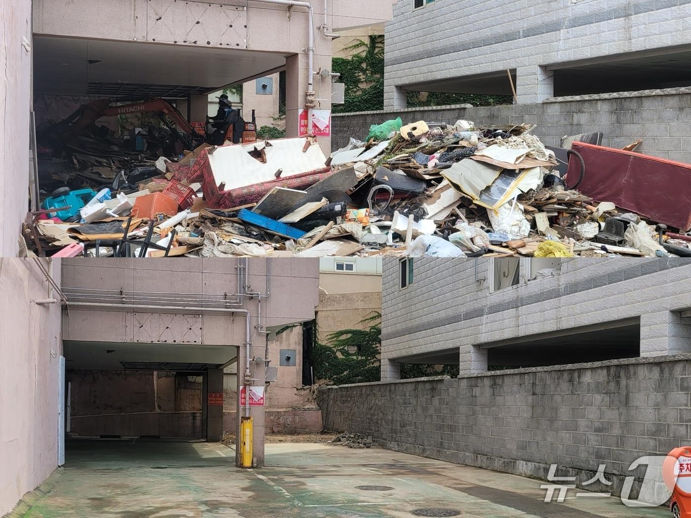 본문 이미지 - 울산 동구 장기 미착공 현장 주차장 정비 전(위)과 후(아래) 모습.(울산 동구 제공. 재판매 및 DB금지)/뉴스1