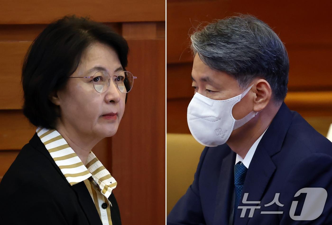 추미애 국회 법제사법위원회 위원장&#40;왼쪽 사진&#41;과 조지호 경찰청장이 9일 오후 서울 종로구 재동 헌법재판소 대심판정에서 열린 경찰청장 탄핵심판 1차 변론기일에 참석해 있다. 조 청장은 12·3 비상계엄 당시 권한을 남용해 국회의원의 국회 출입을 막고 계엄 해제 요구권을 침해했다는 이유로 지난해 12월 12일 국회에서 탄핵 소추됐다. 2025.9.9/뉴스1 ⓒ News1 박정호 기자