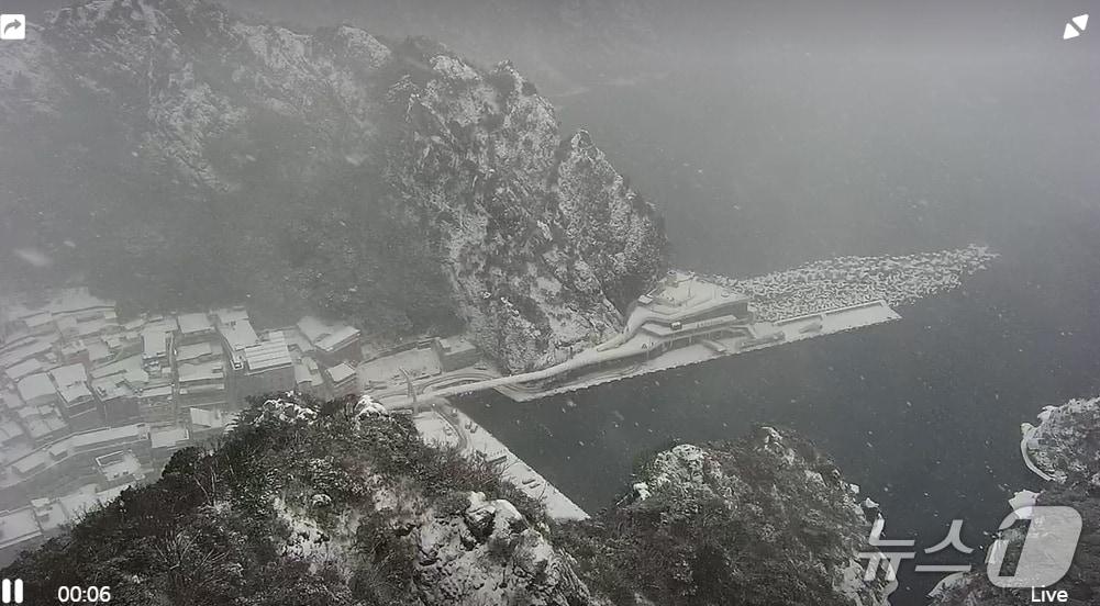 본문 이미지 - 1일 대설경보가 발효된 경북 울릉도와 독도에 시간당 1㎝의 눈이 내리고 있다. 사진은 이날 오후 울릉군 울릉항 실시간 LIVE(라이브)방송 갈무리. (재판매 및 DB 금지)