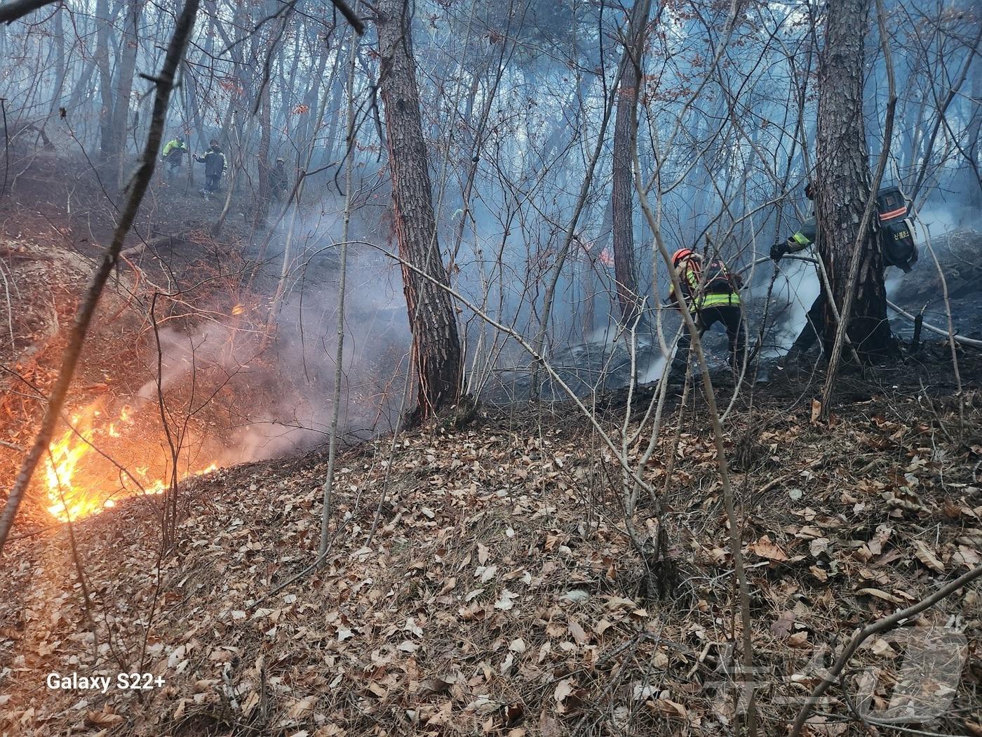 본문 이미지 - 10일 오후 3시 14분쯤 경북 의성군 의성읍 비봉리의 한 야산에서 대형 산불이 발생해 소방 당국이 대응 2단계를 발령하고 진화에 나서고 있다. (경북소방안전본부 제공. 재판매 및 DB 금지) 2026.1.10/뉴스1 ⓒ News1 남승렬 기자