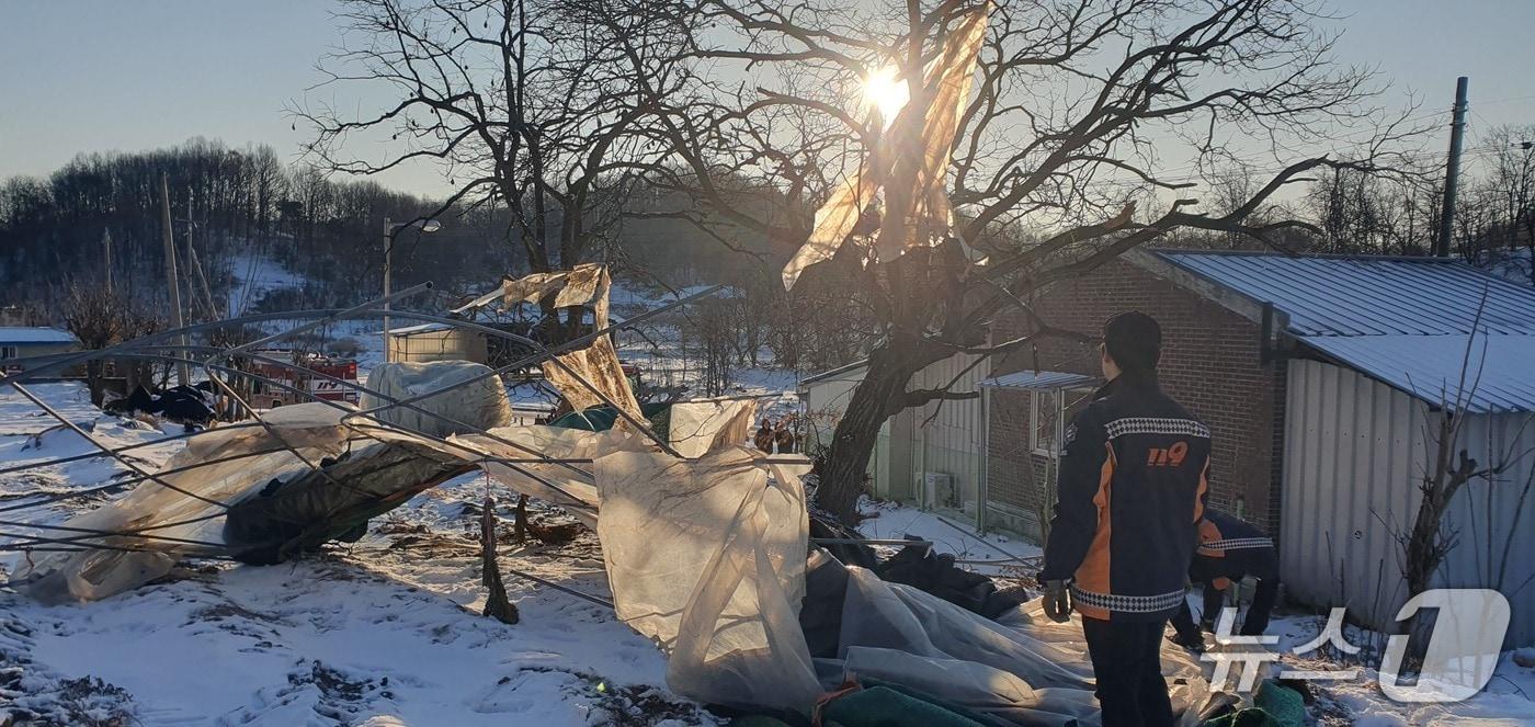 지난 10일 강풍으로 비닐하우스가 파손된 현장. (경북 소방 제공. 재판매 및 DB금지)/뉴스1