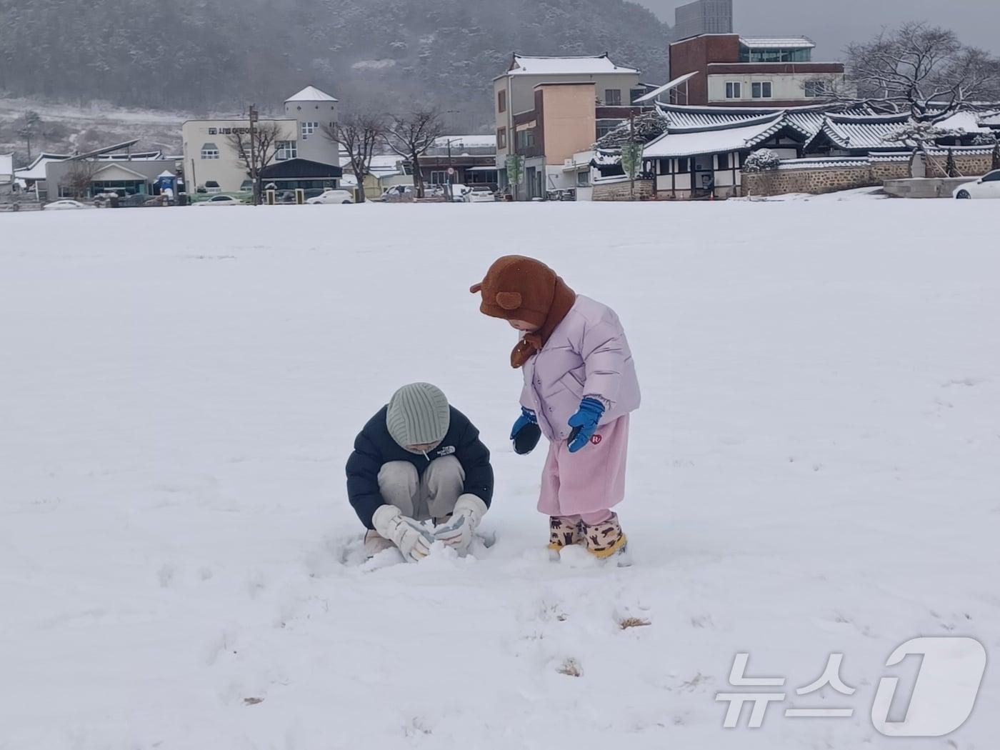 본문 이미지 - 11일 오전 많은 눈이 내린 나주시 금계동에서 아이들이 눈을 가지고 놀고 있다.(독자 제공. 재판매 및 DB금지) 2026.1.11/뉴스1 