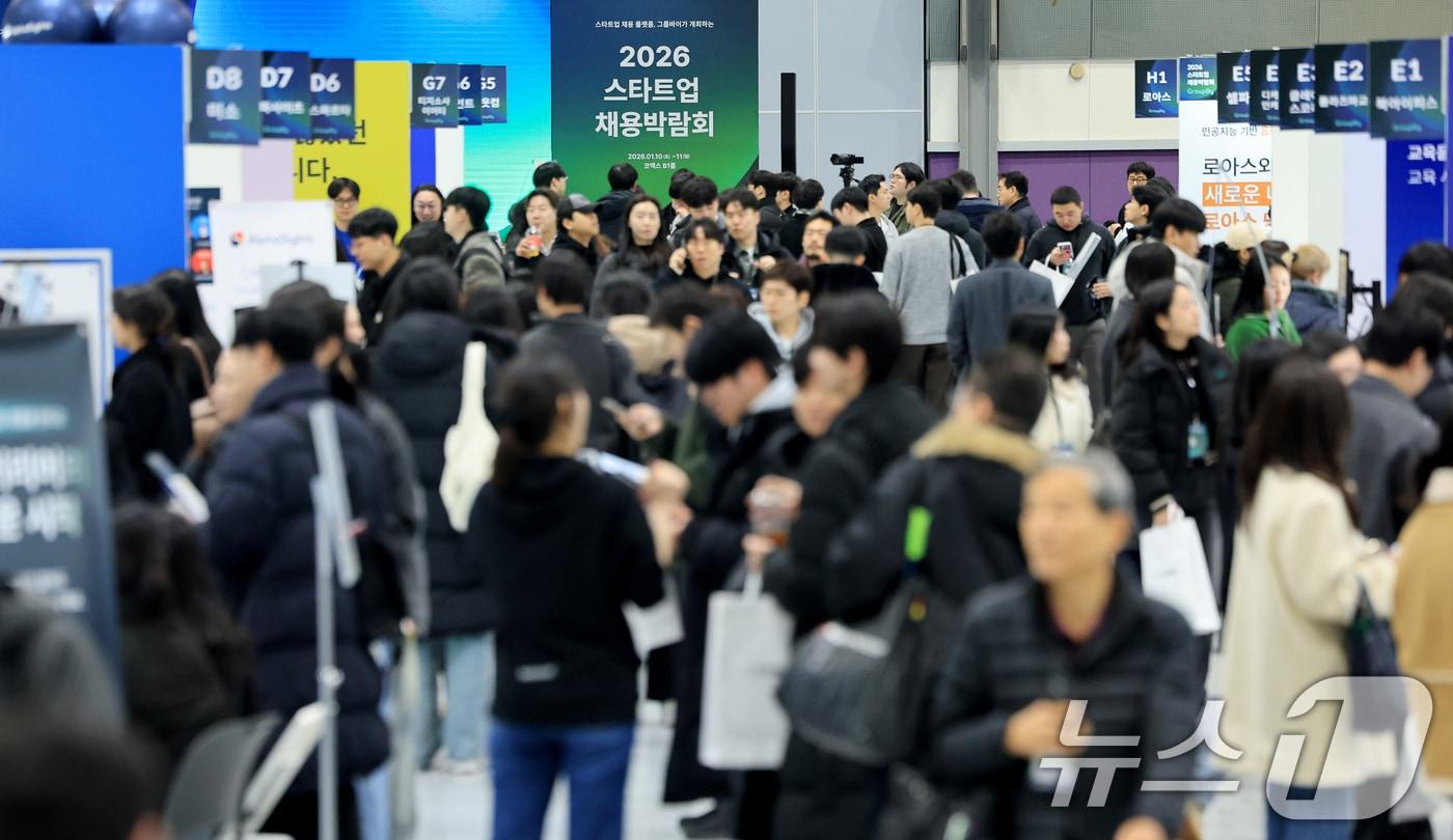 본문 이미지 - 서울 강남구 코엑스에서 구직자들이 부스를 살펴보고 있다. 2026.1.11 ⓒ 뉴스1 이호윤 기자