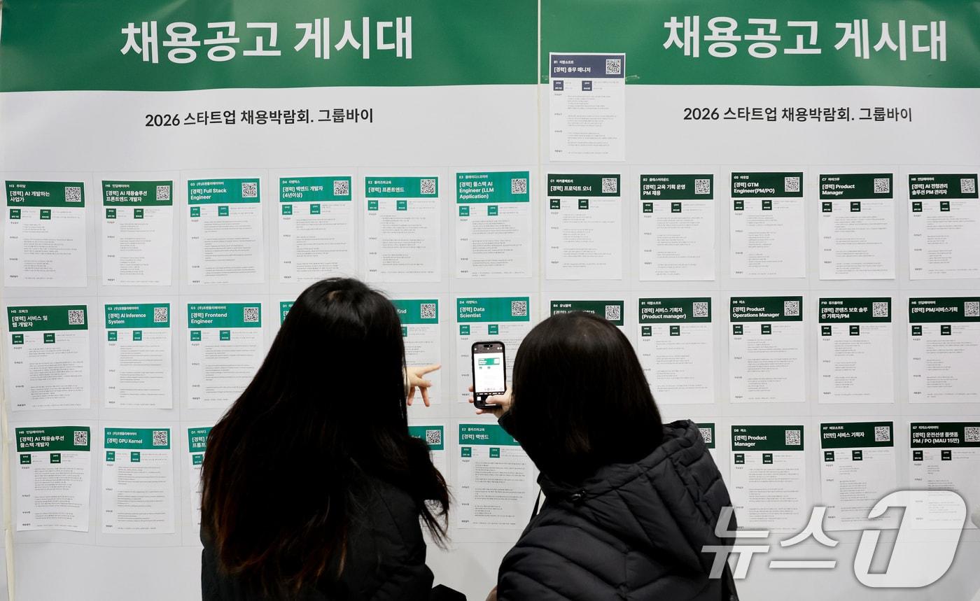 본문 이미지 - 서울 강남구 코엑스에서 열린 ‘2026 스타트업 채용박람회’를 찾은 구직자들이 채용공고 게시대를 살펴보고 있다. 2026.1.11/뉴스1 ⓒ News1 이호윤 기자