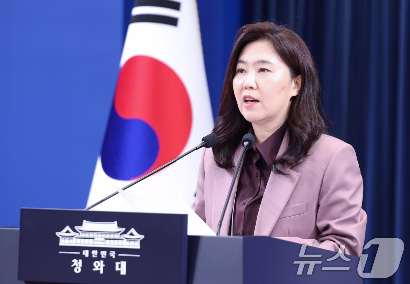 강유정 대변인이 12일 청와대 춘추관에서 캄보디아 성착취 스캠조직 검거 관련 브리핑을 하고 있다. 2026.1.12/뉴스1 ⓒ News1 허경 기자