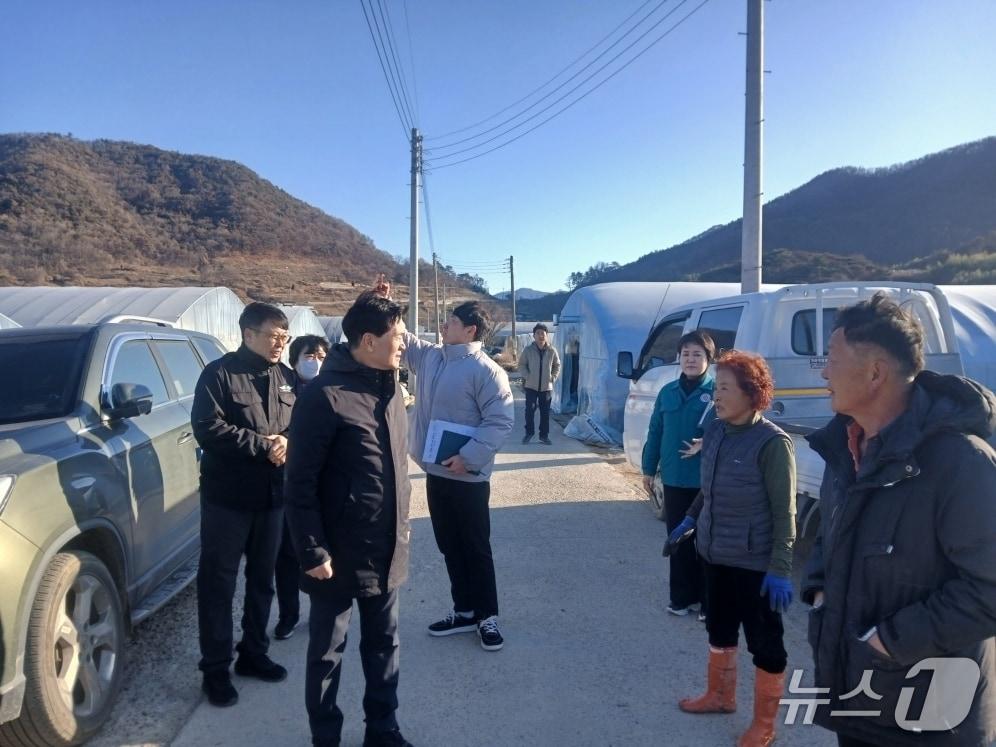 본문 이미지 - 지난 11일 밀양시 공무원들이 강풍 피해를 입은 삼랑진읍 딸기 농가를 방문해 피해 현황을 조사하고 있다.(밀양시 제공. 재판매 및 DB금지)