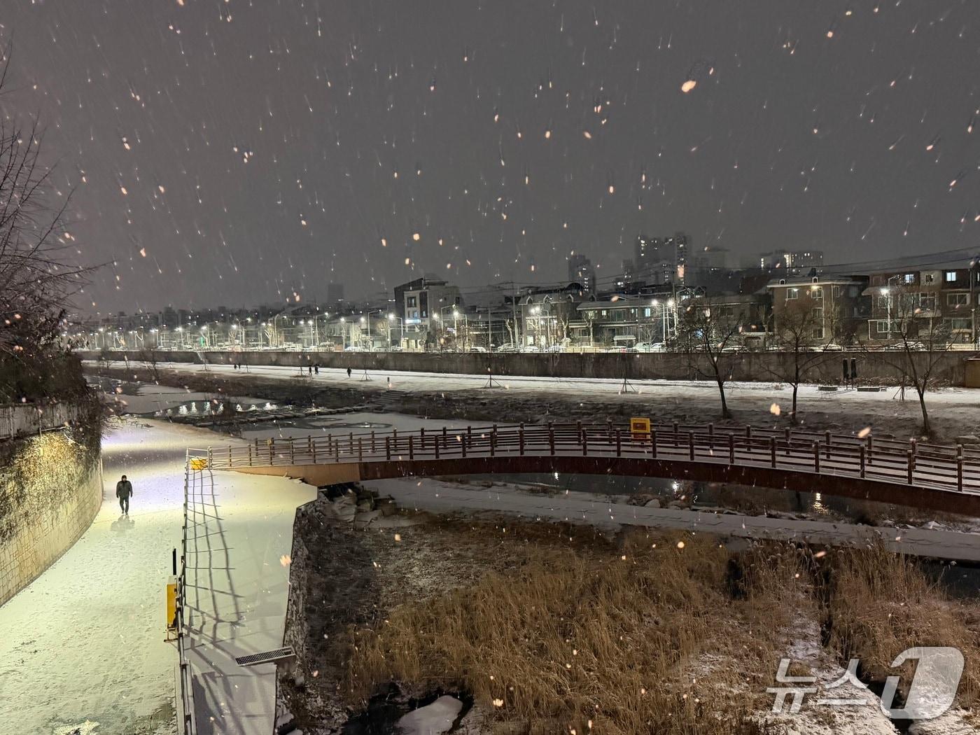 본문 이미지 - 12일 오후 강원 춘천 퇴계동 공지천 산책로 일대에 눈이 내리고 있다.2026.1.12 한귀섭 기자