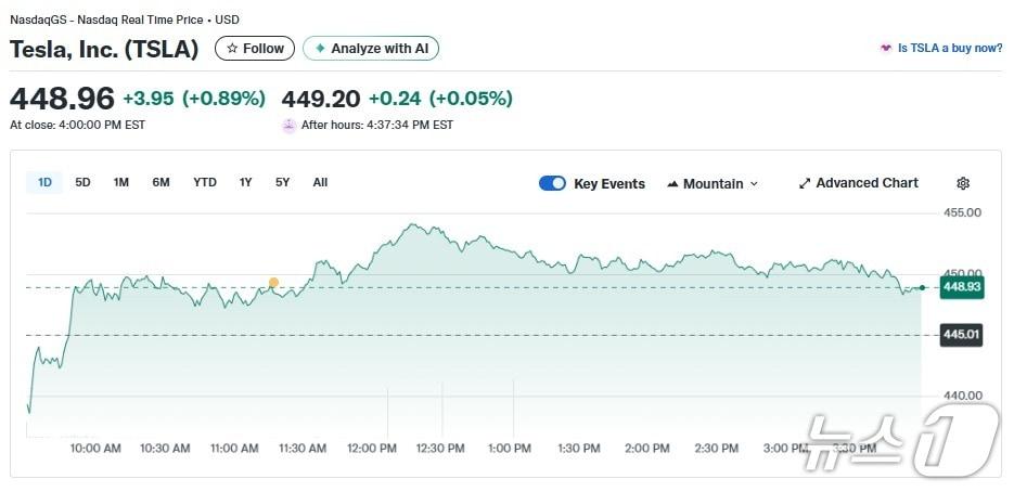본문 이미지 - 테슬라 일일 주가추이 - 야후 파이낸스 갈무리