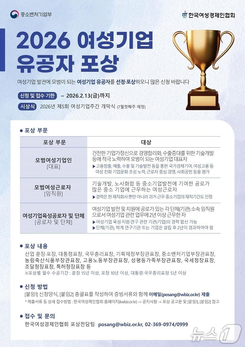 본문 이미지 - 한국여성경제인협회(여경협)는 오는 2월 13일까지 '2026년 여성기업 유공자 포상' 신청을 접수한다 (여경협 제공)